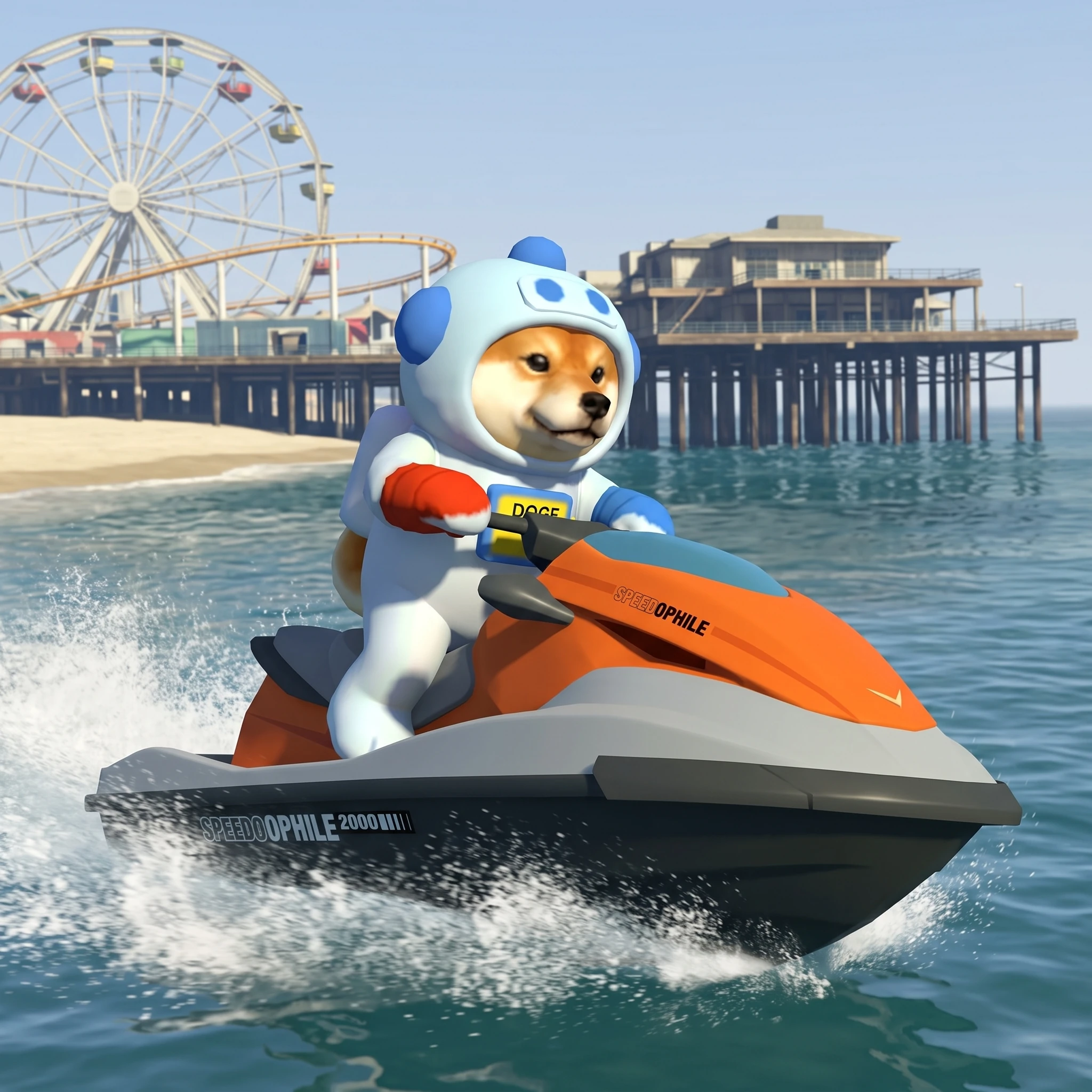 INU riding a jet ski beside the pier