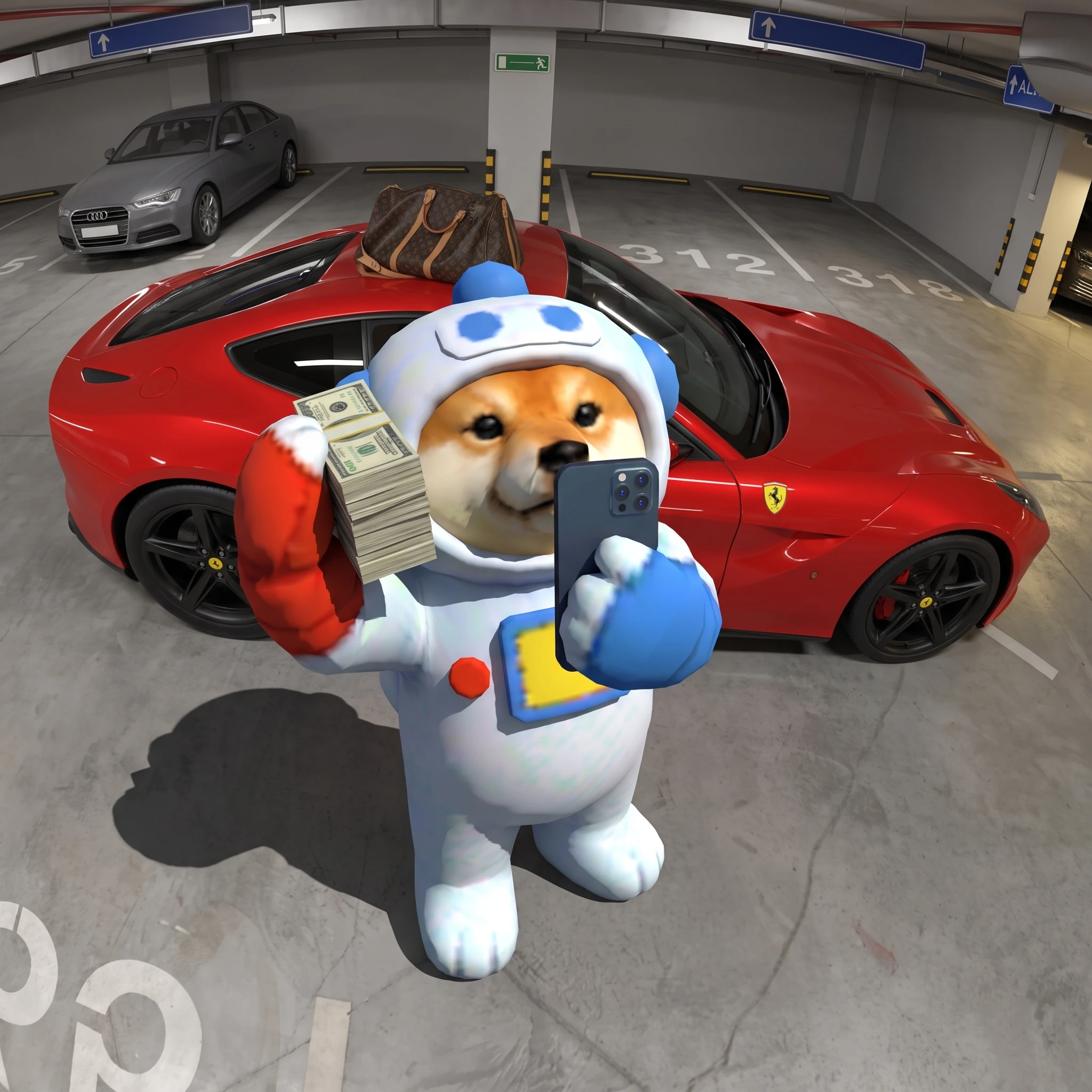 INU on the phone beside a red sports car