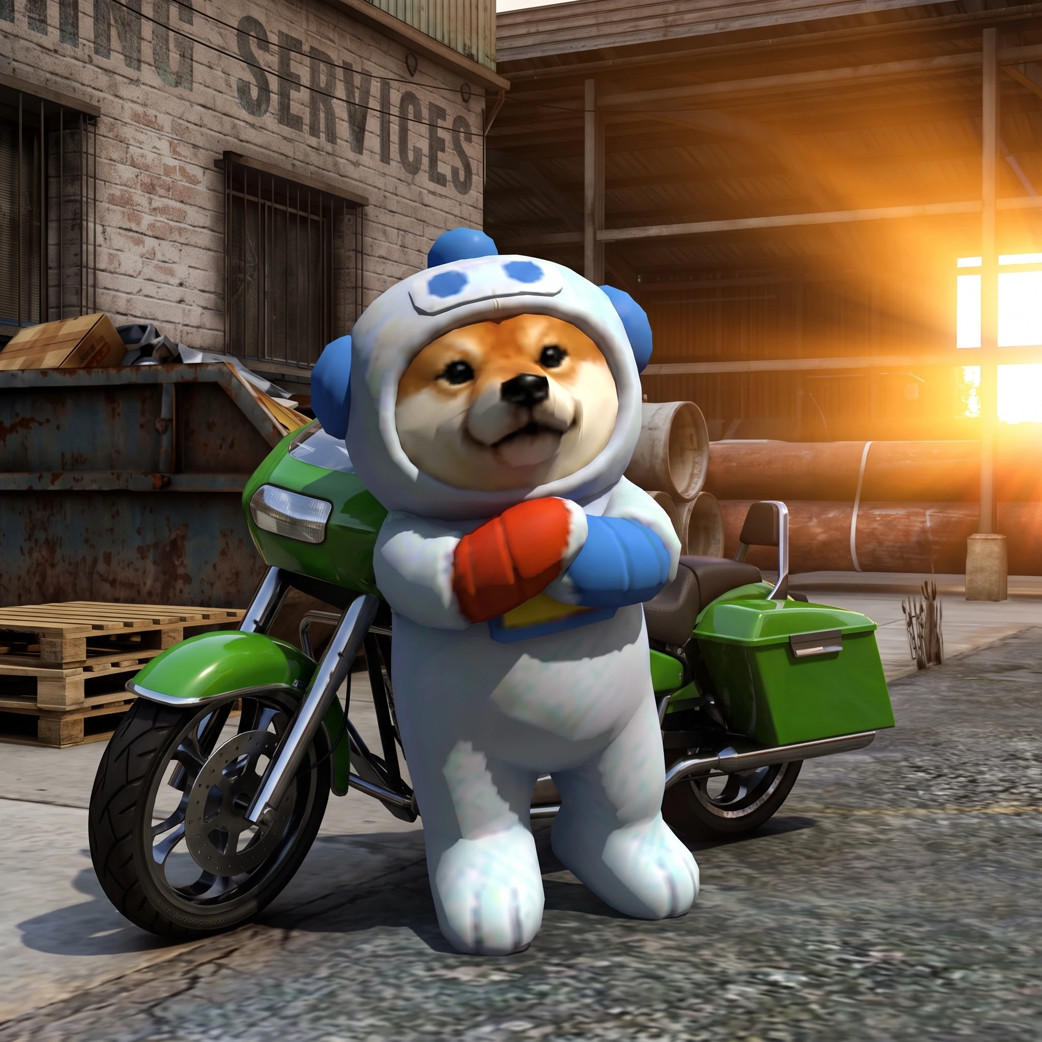 INU beside a green motorcycle
