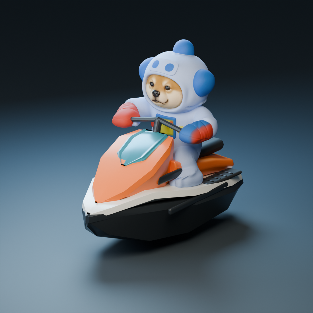 Stupid Inu riding the original orange speedboat